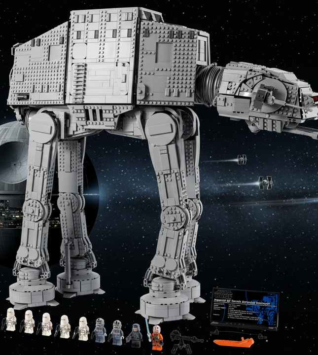 A large gray toy AT-AT walker built from interlocking blocks, shown on a white background with small accessory figures, a black box, and an orange piece set at the bottom.