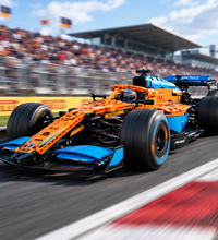 A LEGO Technic McLaren Formula 1 toy car chassis, featuring a bright orange and blue color scheme with black tires and silver accents, shown on a solid white background.