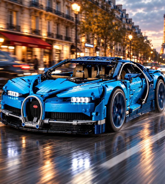 A blue and black brick-built model of a Bugatti Chiron sports car, shown from a three-quarters front angle on a clean white background.