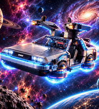 A LEGO-style DeLorean time machine building set on a plain white background, shown in three-quarter view with the gull-wing door open and the rear hatch flying open.