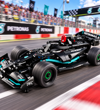 A black Mercedes-AMG F1 W15 racing car model with teal accents, featuring visible Petronas, IWC, and Rolls-Royce branding, shown on a clean white background.