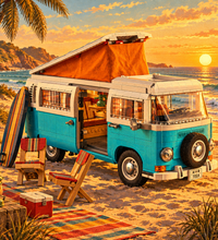 A LEGO building set of a classic VW Type 2 campervan with an orange pop-up roof, shown with a surfboard, beach chair, and folding chair on a white background.