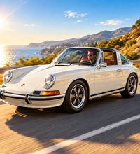 A white brick-built convertible sports car, resembling a Porsche 911, constructed from interlocking toy blocks. It features a transparent windshield, orange seats, and black wheels, shown against a plain white background.