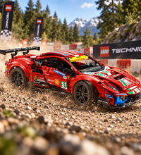 A red LEGO Technic Ferrari 488 SP racing car model with sponsor decals, shown from a three-quarters angle on a white background.