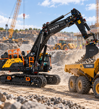 A Technic Volvo EC580 excavator model set against a solid white background, showcasing its black and yellow construction details.