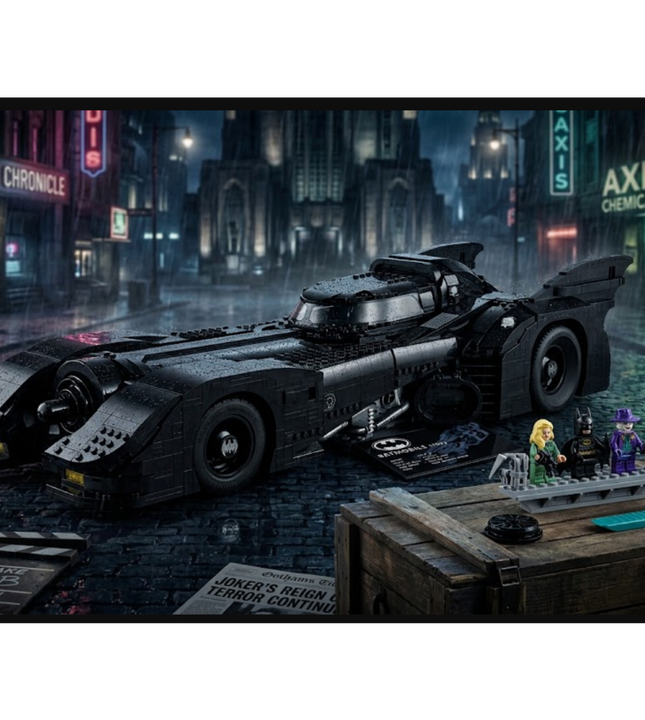 A black LEGO Batman vehicle set displayed on a rainy Gotham city street, with Batman and Robin minifigures beside a wooden crate in the foreground.