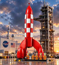A red and white checkered toy rocket ship with a landing pad and four astronaut minifigures, photographed on a clean white background.