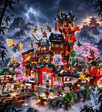 Complex LEGO model of a traditional Asian temple with multiple figures and elements.
