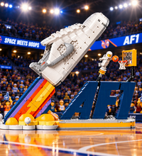 A LEGO Space-themed basketball court set featuring a white shuttle, a rocket, a large 'AFI' sign, and a mini astronaut playing basketball on a yellow hoop, all on a clean white background.
