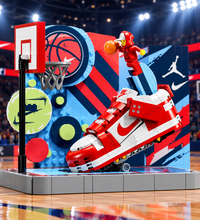 A LEGO-style basketball-themed display featuring a red and white sneaker mounted on a gray platform, with a red minifigure holding a basketball on top, a basketball hoop, and circular basketball graphics in the background.