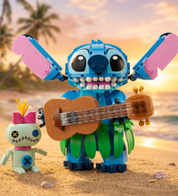 A colorful LEGO-style toy set showing a blue character with large ears, holding a brown ukulele, alongside a small white and pink bunny figure on a white background.