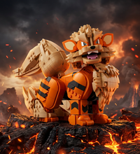 A toy building-block animal figure resembling a fox or badger, constructed from orange and tan pieces with black accents, shown on a plain white background.