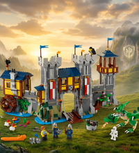 A LEGO medieval castle and dock set with towers, water wheel, dragon, minifigures, and small accessories on a white background.