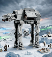 A large gray LEGO Star Wars AT-AT walker set shown on a white background, with small minifigures and a floating vehicle inset. The image appears to be a screenshot or catalog page rather than a clean standalone product photo.