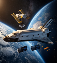 A white and black LEGO Space Shuttle set displayed on a stand, with a small satellite accessory, orange wings, two yellow tools, and two black NASA cards on a plain white background.
