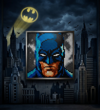 A square pixel-art style portrait of Batman constructed from many small colored studs or building blocks, shown against a white background.