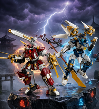 Two LEGO building toy mecha figures on a plain white background: a red, white, and gold figure on the left holding a large sword, and a blue, white, and gold figure on the right holding a spear and sword. Browser navigation arrows and a page indicator '1/12' are visible around the image.