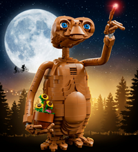 A brown block-built toy figure resembling E.T.