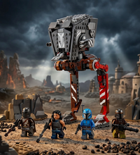 A Star Wars AT-AT walker toy building set with four minifigures and an orange lightsaber accessory, shown on a plain white background.
