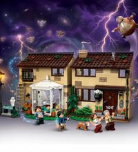 A  brick-built house set with multiple mini-dolls, animals, a street lamp, ladder, and a white curved support structure on a white background. No real person, animal, or real environment is present; this is a clean product render/photo, so subject_type is Product/Packaging rather than Lifestyle.