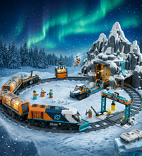 A toy train set arranged on a circular track with a station, bridge, and small minifigures, shown on a plain white background. The train includes a blue and orange locomotive pulling gray and orange cars.