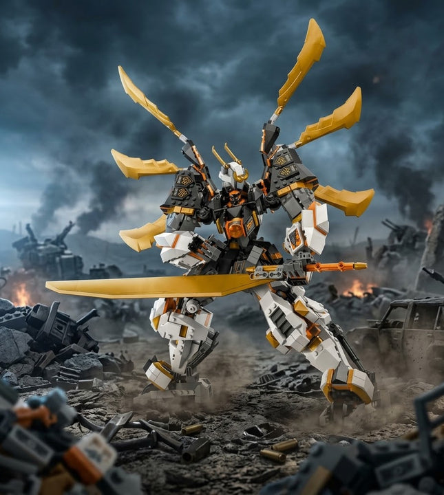 A assembled toy mecha robot stands in a ruined war scene, holding a large yellow sword. The robot is primarily white and gray with strong yellow accents, set against a dark smoky battlefield background.