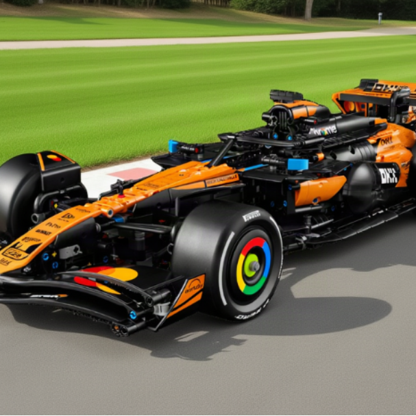Orange and black Formula 1 car with rainbow accents on a transparent background